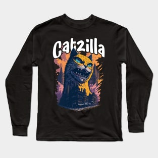 Catzilla Unleashed Funny Cartoon-Style Feline Long Sleeve T-Shirt